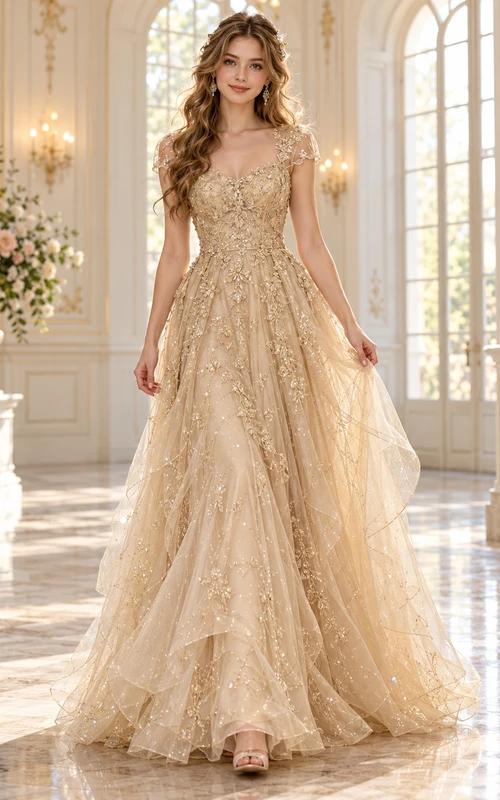 Robe de soirée longue en tulle superposé ornée de détails dorés féeriques et de manches courtes