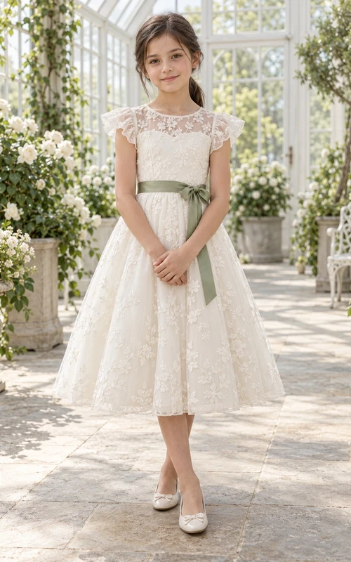 Tea-length Ivory A-line Lace Cap-sleeve Illusion Green-sash Bow-back Flower Girl Dress