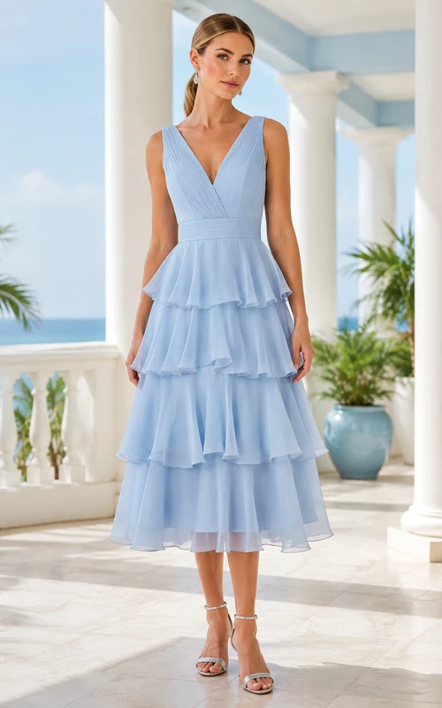 Sky Blue Tiered Ruffle V-neck Midi Dress