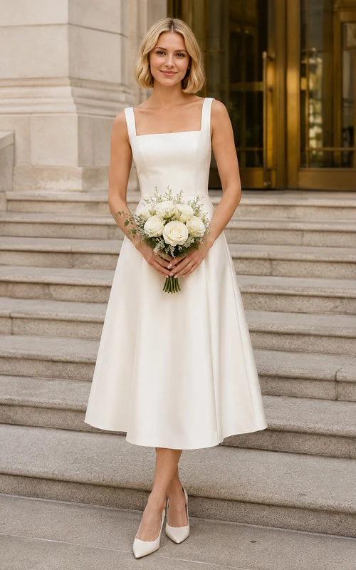 Elegante vestido de novia de satén de cuello cuadrado y largo hasta la rodilla estilo juzgado
