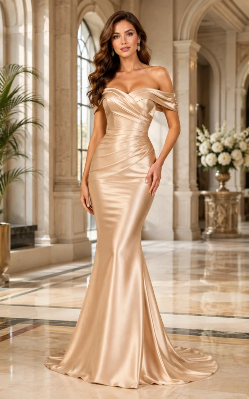 Champagnerfarbenes, schulterfreies, herzförmiges, gerafftes Meerjungfrauen-Abendkleid aus Satin – perfekt für festliche Anlässe und Empfänge.