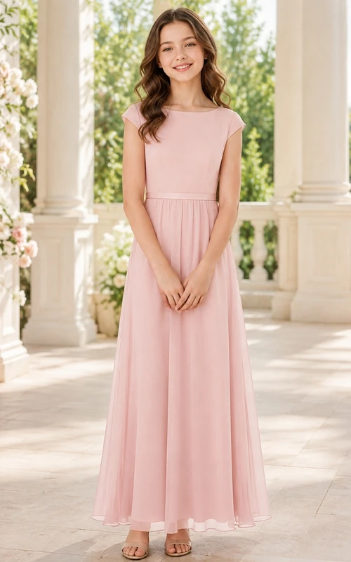 Elegantes, zartrosa Brautjungfernkleid in A-Linie mit Schmucksteinen und kurzen Ärmeln
