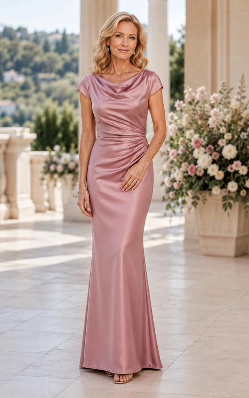 Dusty Rose Satin Cowl Neck Sheath Mother Dress