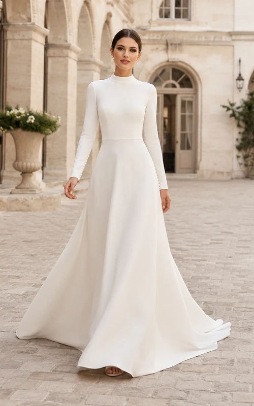 Robe de mariée minimaliste et pudique en satin, col montant, manches longues, coupe trapèze, traîne chapelle, idéale pour une cérémonie civile.