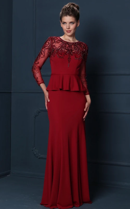 Vestido de novia largo de manga larga con escote redondo y detalles de cuentas, estilo tubo, para la madre de la novia, con peplum.