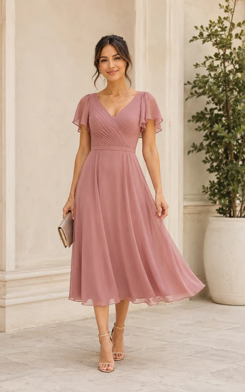 Dusty Rose V-neck Chiffon Tea-Length Dress