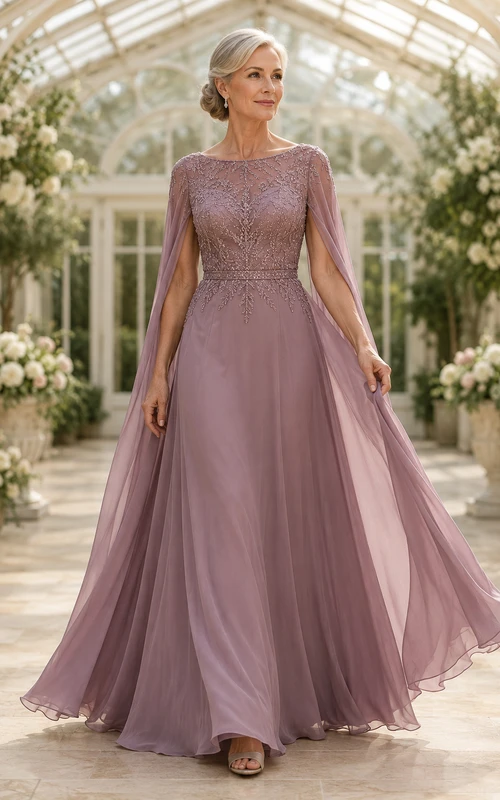 MOB-Kleid, mauvefarbener Chiffon-Spitzen-A-Linien-Schnitt, lange Ärmel, Rundhalsausschnitt, bodenlang, plissiert