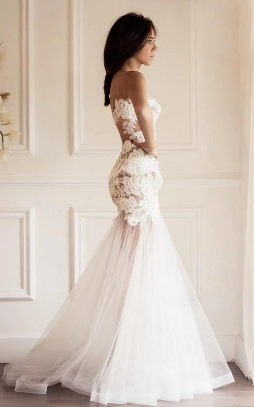 Robe de mariée sirène sexy sans manches à effet illusion avec appliques en dentelle
