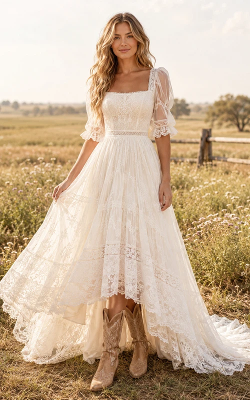 Robe de mariée de maternité épaules dénudées en dentelle et tulle, coupe trapèze, style jardin, avec traîne appliquée