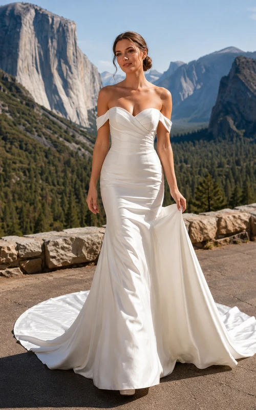 Robe de mariée sirène en satin drapé à épaules dénudées et traîne chapelle, style montagne
