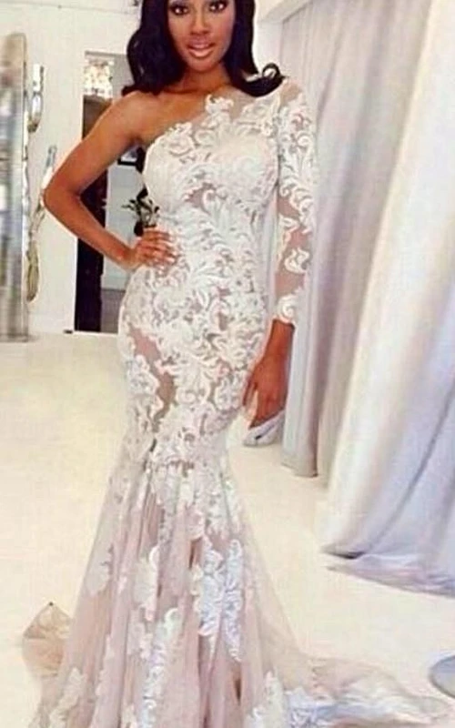 Sexy Meerjungfrauen-Abendkleid mit One-Shoulder, Spitzenapplikationen und Schleppe
