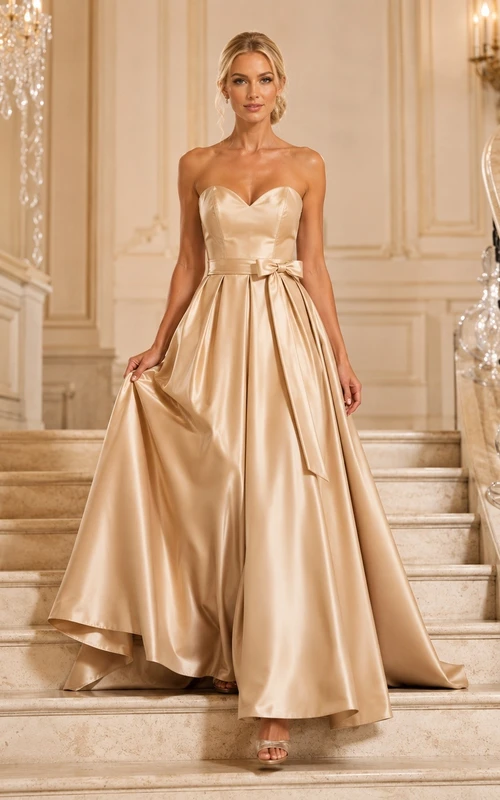 Champagne Strapless Sweetheart Satin Ball Gown Sweep Train Dress