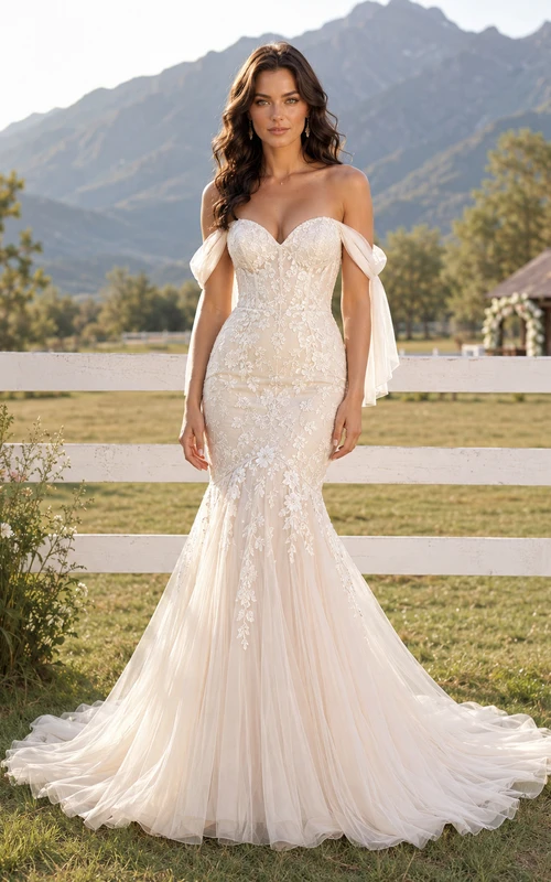 Vestido de novia de tul y encaje campestre, corte sirena, hombros descubiertos, manga corta, cola de capilla, espalda baja en V.