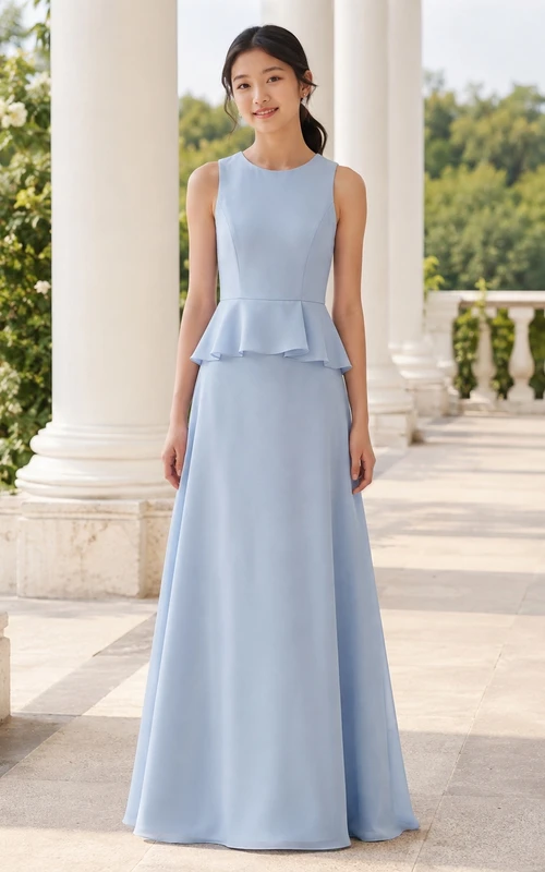 Himmelblaues Brautjungfernkleid im A-Linien-Stil mit Strasssteinen, ärmellos, plissiert, modern