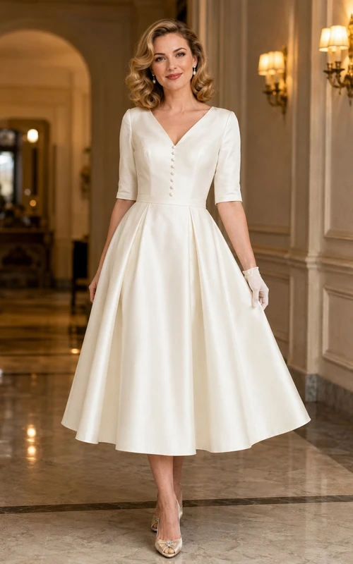 Vintage Teelanges Brautkleid aus Satin mit V-Ausschnitt, halben Ärmeln, Knöpfen und A-Linien-Schnitt