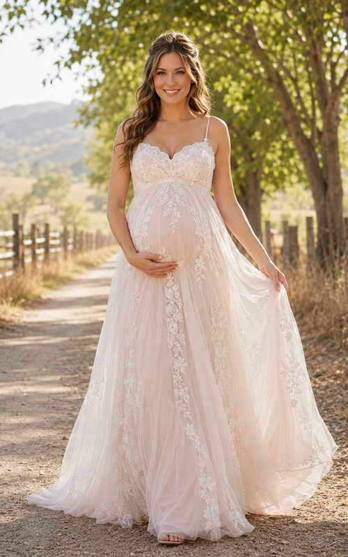 Umstandsbrautkleid mit Spaghettiträgern, A-Linien-Schnitt aus Spitze und Tüll mit zarter Applikationsschleppe
