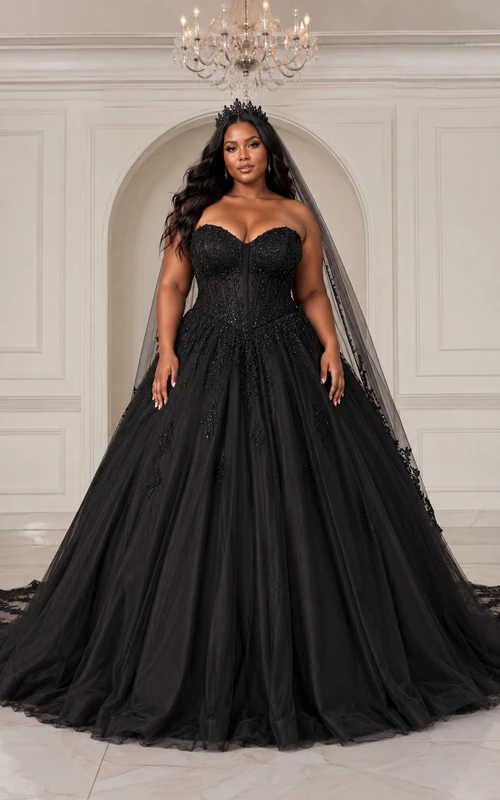 Vestido de novia de gala de tul negro sin tirantes de talla grande