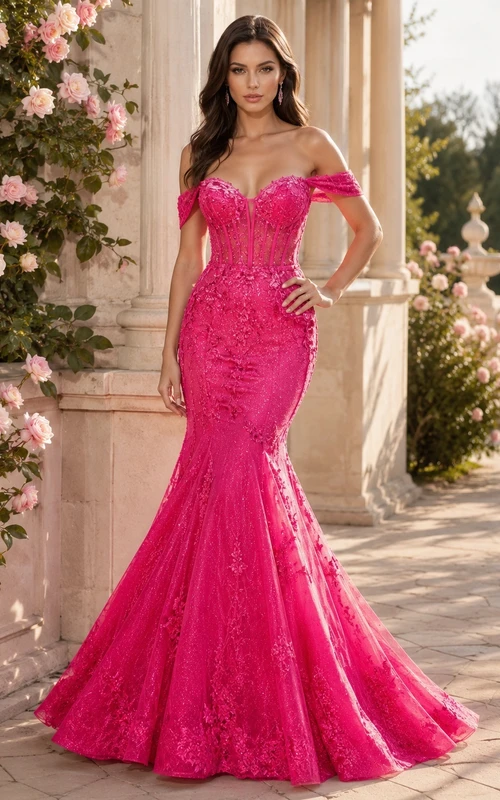 Sexy Fuchsia Lace Off-the-Shoulder Short Sleeve Beaded Mermaid Prom Evening Dress