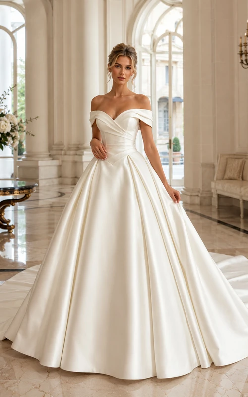 Vestido de novia de satén, estilo princesa, sin hombros, manga corta, cola de capilla.
