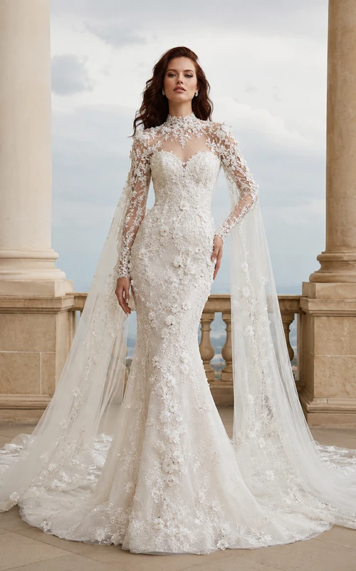 Robe de mariée sirène en dentelle à col montant et manches illusion longues, cape cathédrale
