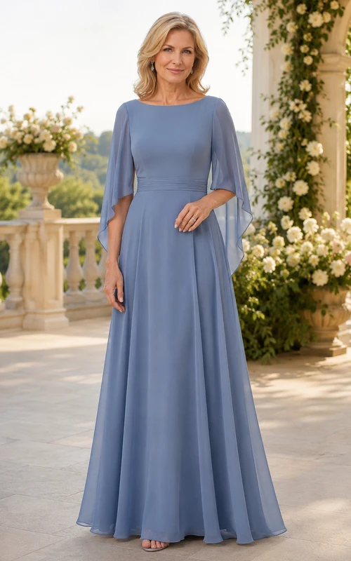 Steel Blue Bateau Chiffon A-Line Mother Dress with Cape Sleeves