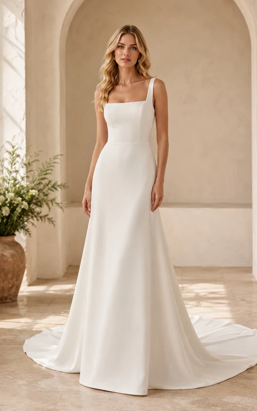 Minimalistisches Brautkleid aus Satin im Meerjungfrauenstil mit eckigem Ausschnitt, ärmellos und mit Schleppe