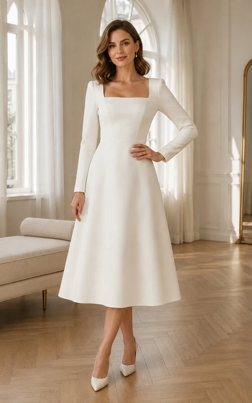 White Jersey Square-Neck Long-Sleeve A-Line Tea-Length Modest Dress