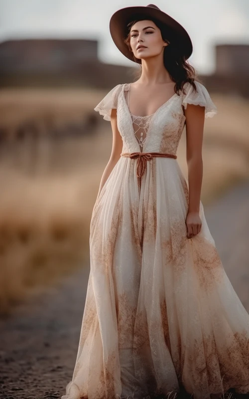 Vestido de novia bohemio campestre no tradicional con color | Vestido de novia largo bohemio vintage occidental con mangas cortas