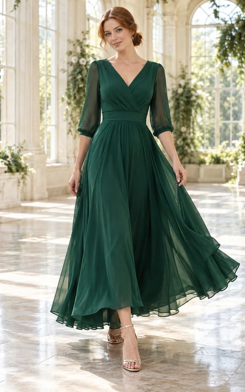 Vestido de fiesta de gasa verde oscuro con escote en V y mangas transparentes, largo hasta la rodilla, corte en A.