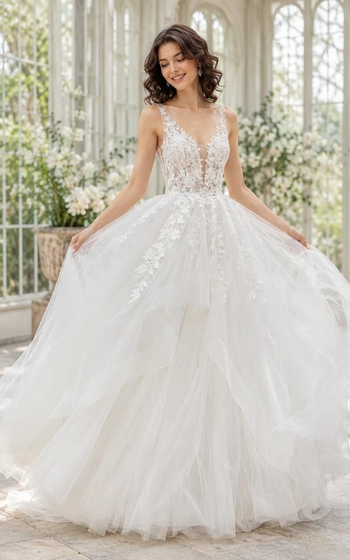 Vestido de novia romántico de tul y encaje con escote corazón y cola de capilla.