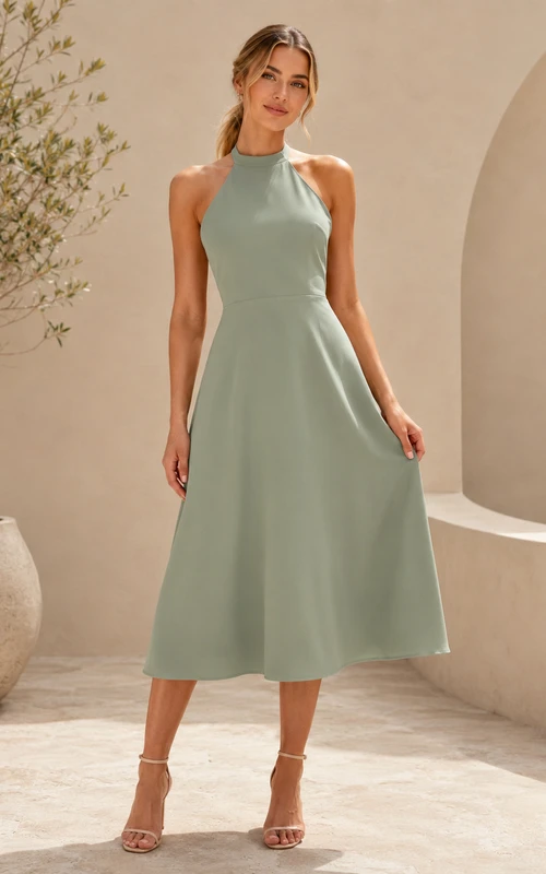 Sage Halter Crepe Tea Length A Line Cocktail Dress