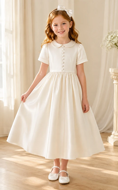 Vestido de satén para niña de las flores con cuello Peter Pan y botones delanteros para la Primera Comunión