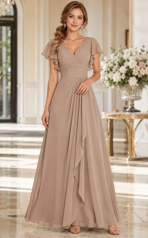 Taupe V-Neck Flutter Sleeve Chiffon A-Line Floor-Length Romantic Formal Wedding Guest Dress