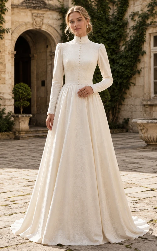 Vintage-Hochzeitskleid mit hohem Kragen und Perlenknöpfen für den Innenhof