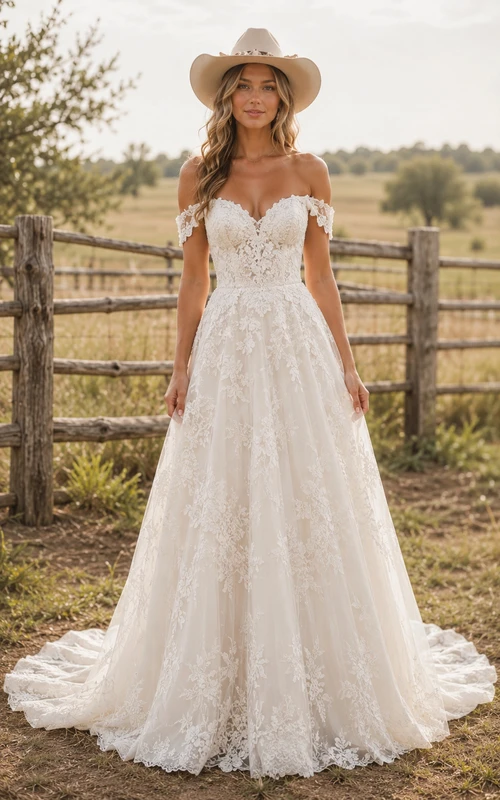 Schulterfreies A-Linien-Hochzeitskleid im Landhausstil aus Spitze mit voluminösem Tüllrock und Schleppe