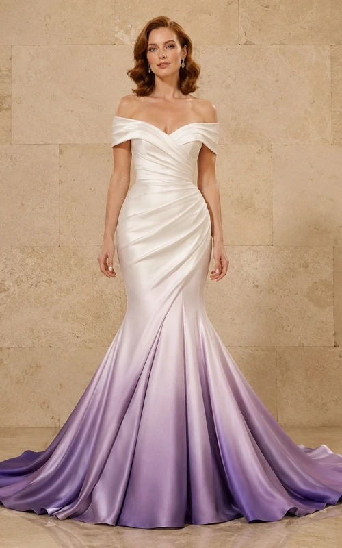 Lila Ombré-Meerjungfrauen-Brautkleid aus Satin mit schulterfreiem Schnitt, kurzen Ärmeln und Kathedralenschleppe