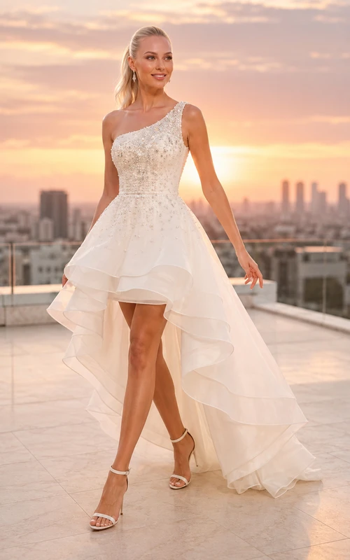 One Shoulder Lace High Low Wedding Dress Tulle Train