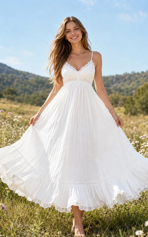 White Chiffon Spaghetti-Strap A-Line Floor-Length Bohemian Beach Dress