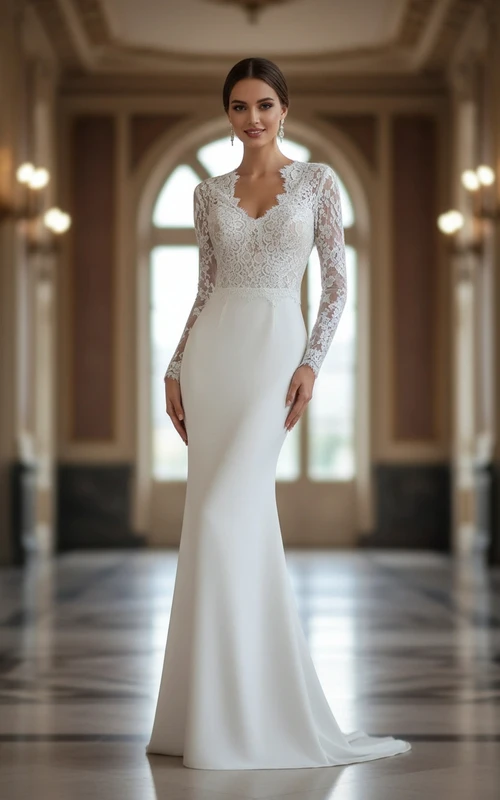 Elegantes Meerjungfrauen-Hochzeitskleid aus Spitze – Langärmeliges, geschwungenes V-Ausschnitt-Brautkleid aus Crêpe