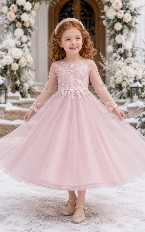 A-Line Winter Wedding Long Sleeve Flower Girl Dress with Long Illusion Sleeves, Floral Lace Bodice, Full Tulle Skirt, Floor-Length Winter Style