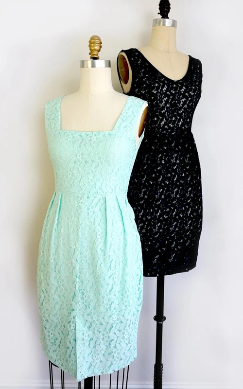 Vestido tubo cuadrado de encaje con escote en V