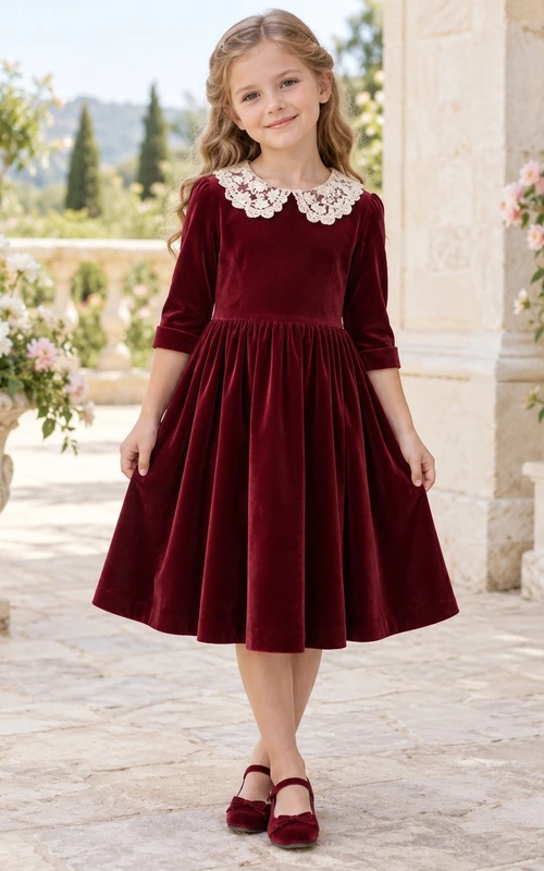 Vintage Tea-length Burgundy Three-quarter Sleeve Lace Collar Velvet Flower Girl Dress