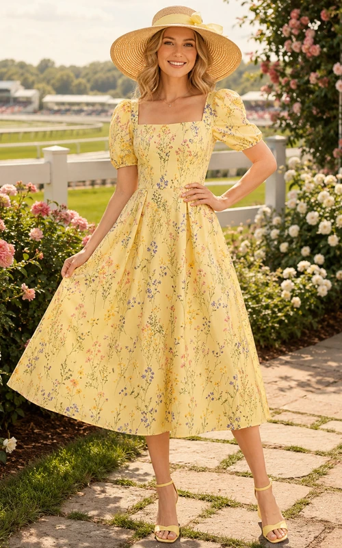Yellow Floral Square Neck Puff Sleeve Race Day Midi Dress