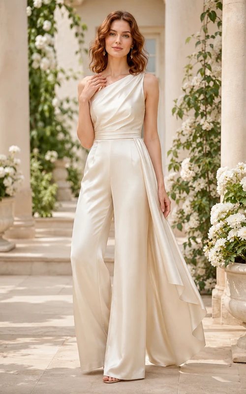 Elfenbeinfarbener One-Shoulder-Cape-Satin-Hochzeitsjumpsuit
