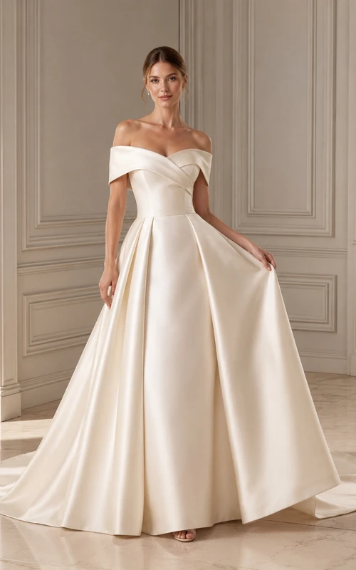 Robe de mariée longue en satin plissé à épaules dénudées et plissée, style bal, longueur au sol