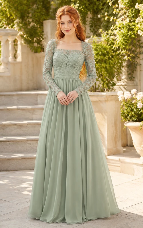Sage Chiffon Lace Long Sleeve Modest A Line Prom Gown