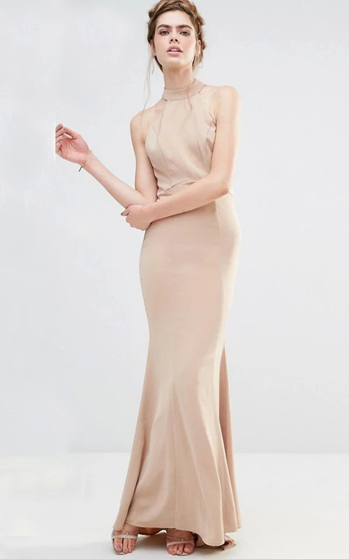 Knöchellanges, ärmelloses Chiffon-Brautjungfernkleid mit hohem Kragen und Trägern