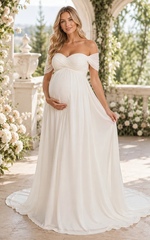 Vestido de novia sencillo de maternidad con hombros descubiertos y corte imperio hasta el suelo