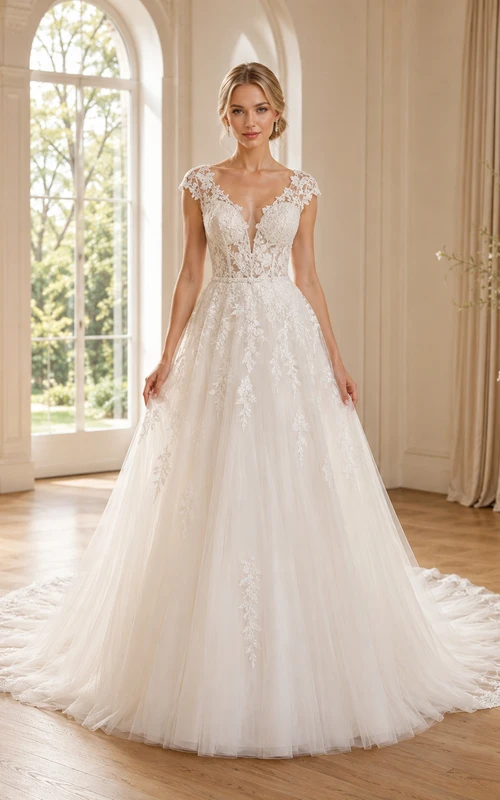 Robe de mariée de luxe en dentelle à manches courtes et traîne cathédrale