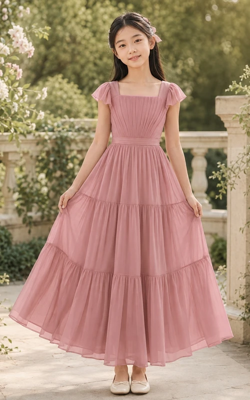 Romantisches, bodenlanges Chiffonkleid für junge Brautjungfern in Altrosa mit Puff-/Ballonärmeln, quadratischem A-Linien-Schnitt